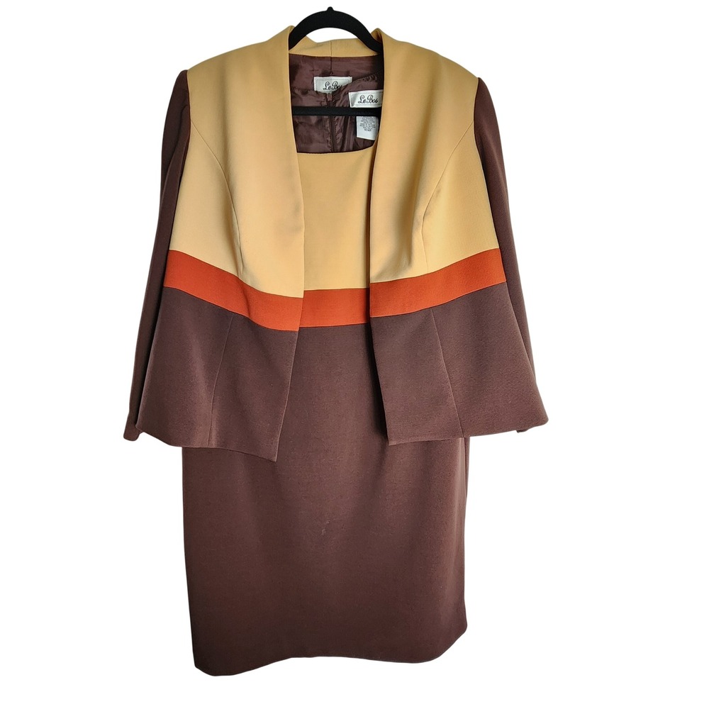 VTG Y2K Le Bos Womens Colorblock Sheath Dress & Jacket Set Brown Tan Orange 16WP